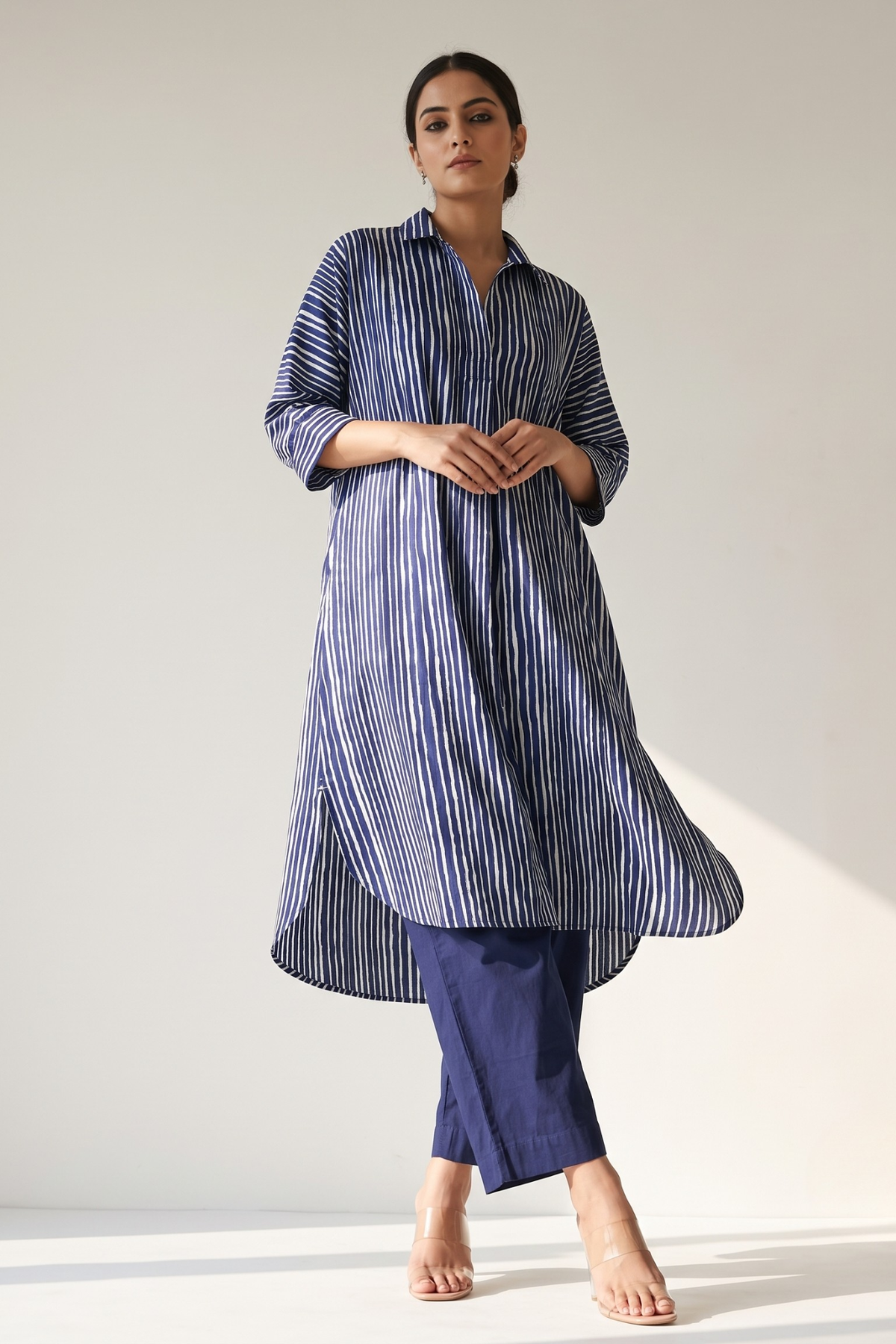 Indigo white stripes Cotton_Satin_Collar_Box_Pleat_Kurta