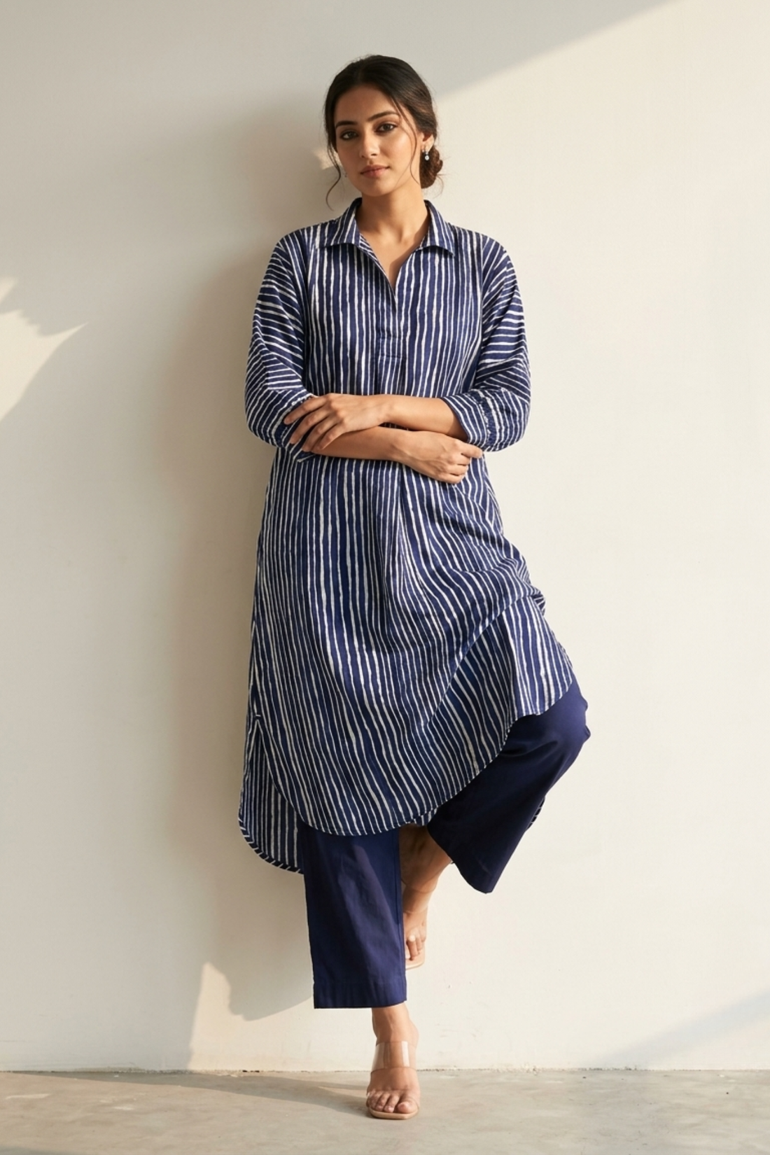 Indigo white stripes Cotton_Satin_Collar_Box_Pleat_Kurta