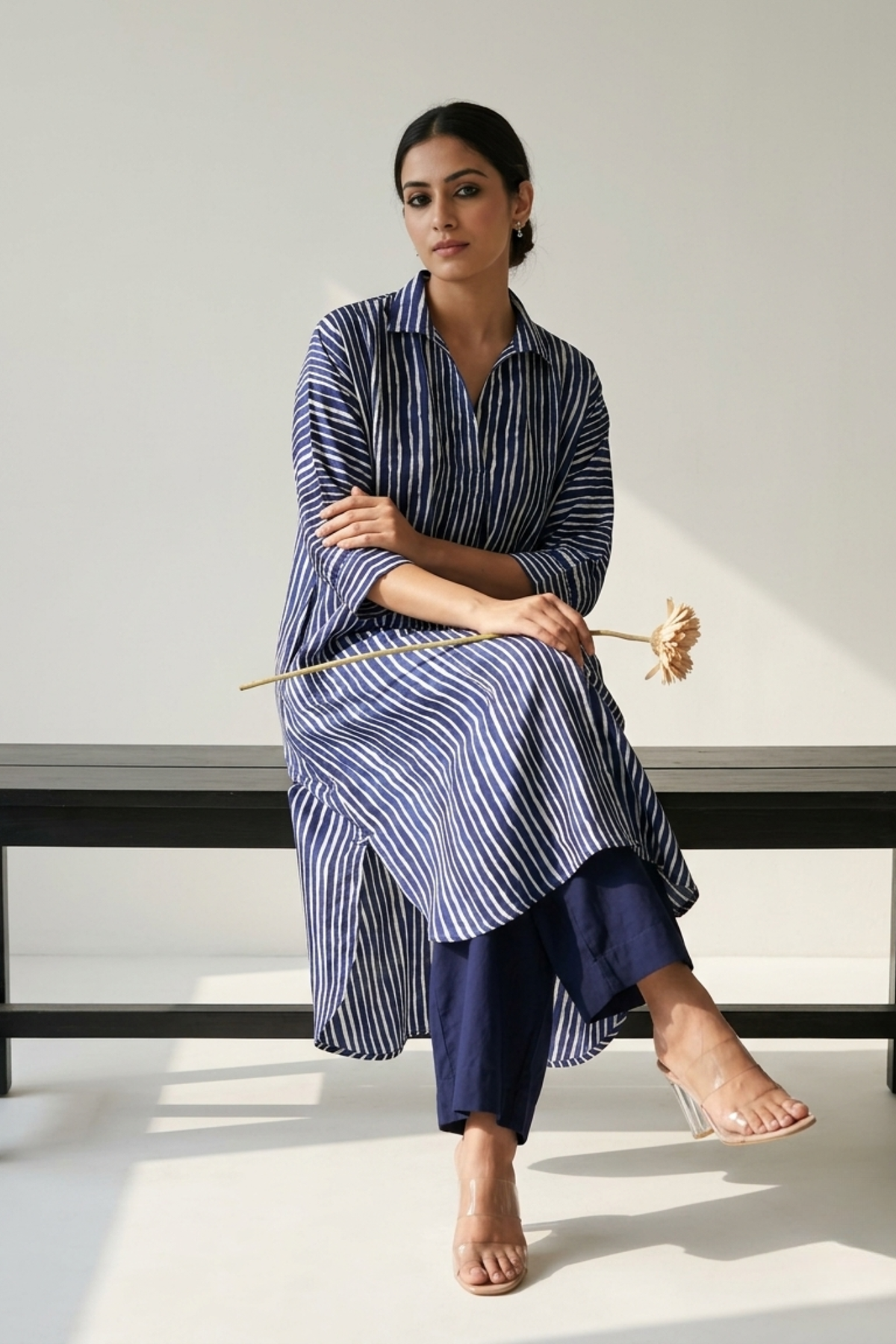 Indigo white stripes Cotton_Satin_Collar_Box_Pleat_Kurta