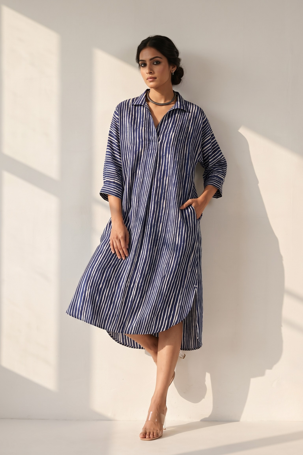 Indigo white stripes Cotton_Satin_Collar_Box_Pleat_Kurta