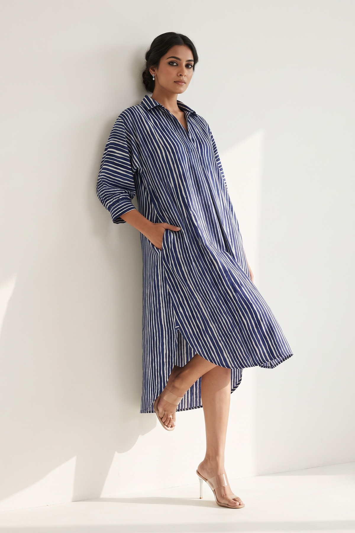 Indigo white stripes Cotton_Satin_Collar_Box_Pleat_Kurta