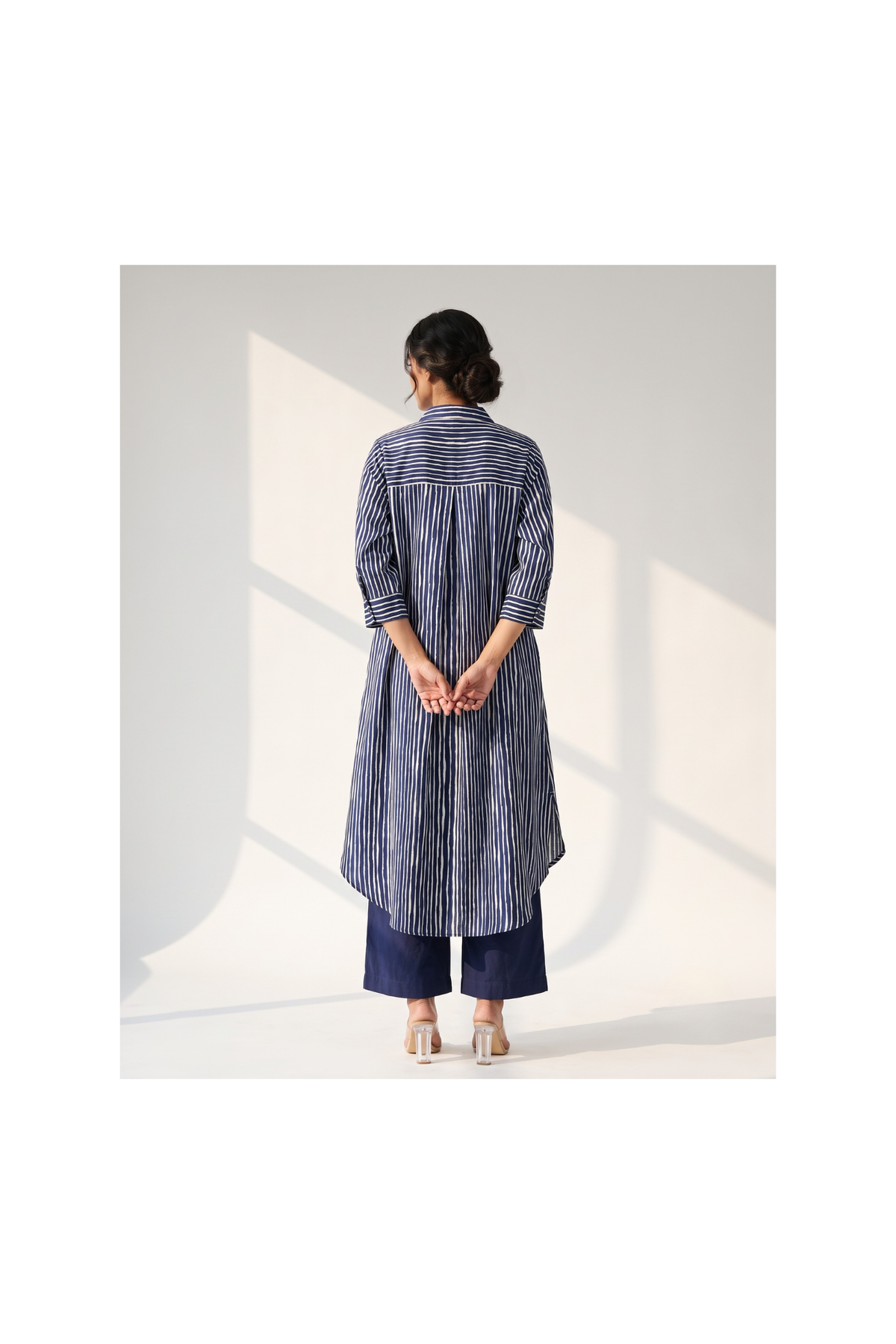 Indigo white stripes Cotton_Satin_Collar_Box_Pleat_Kurta