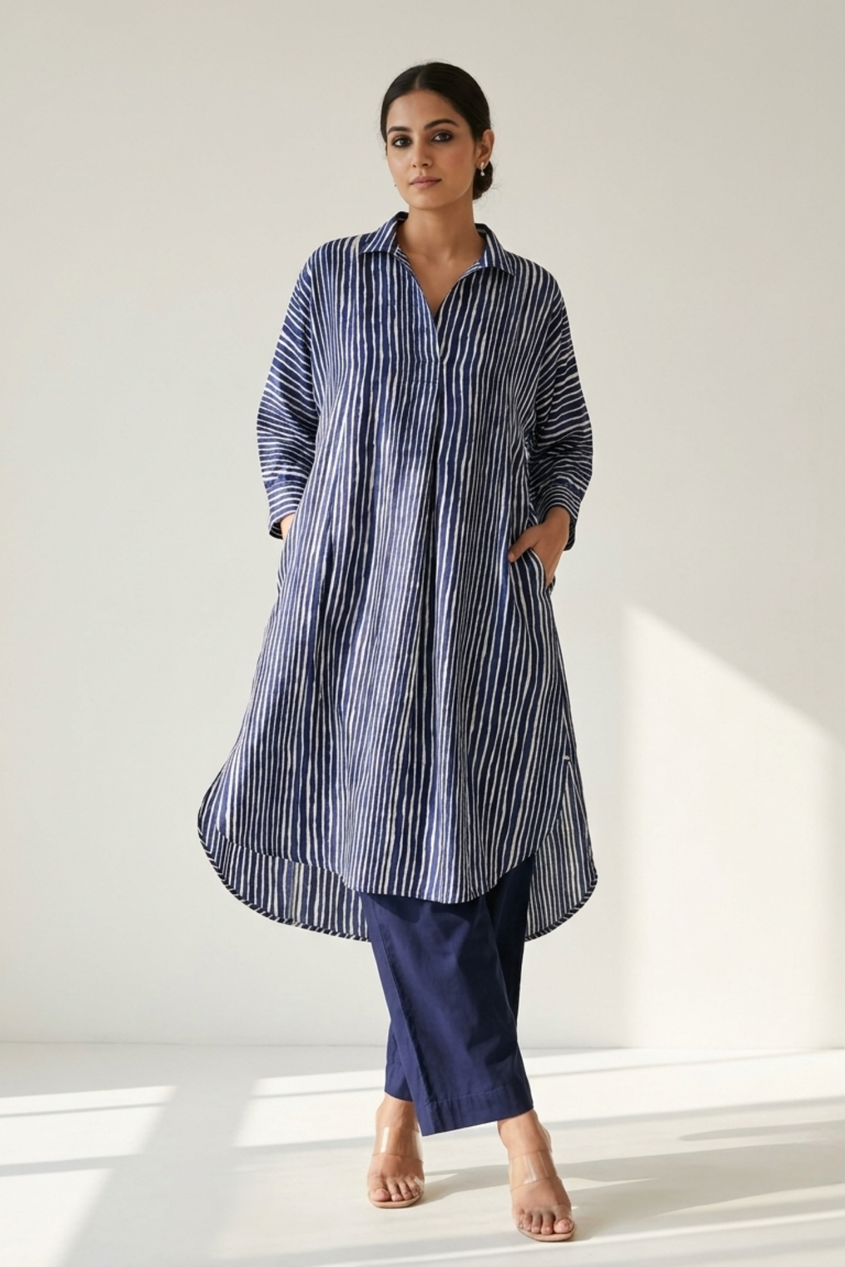 Indigo white stripes Cotton_Satin_Collar_Box_Pleat_Kurta