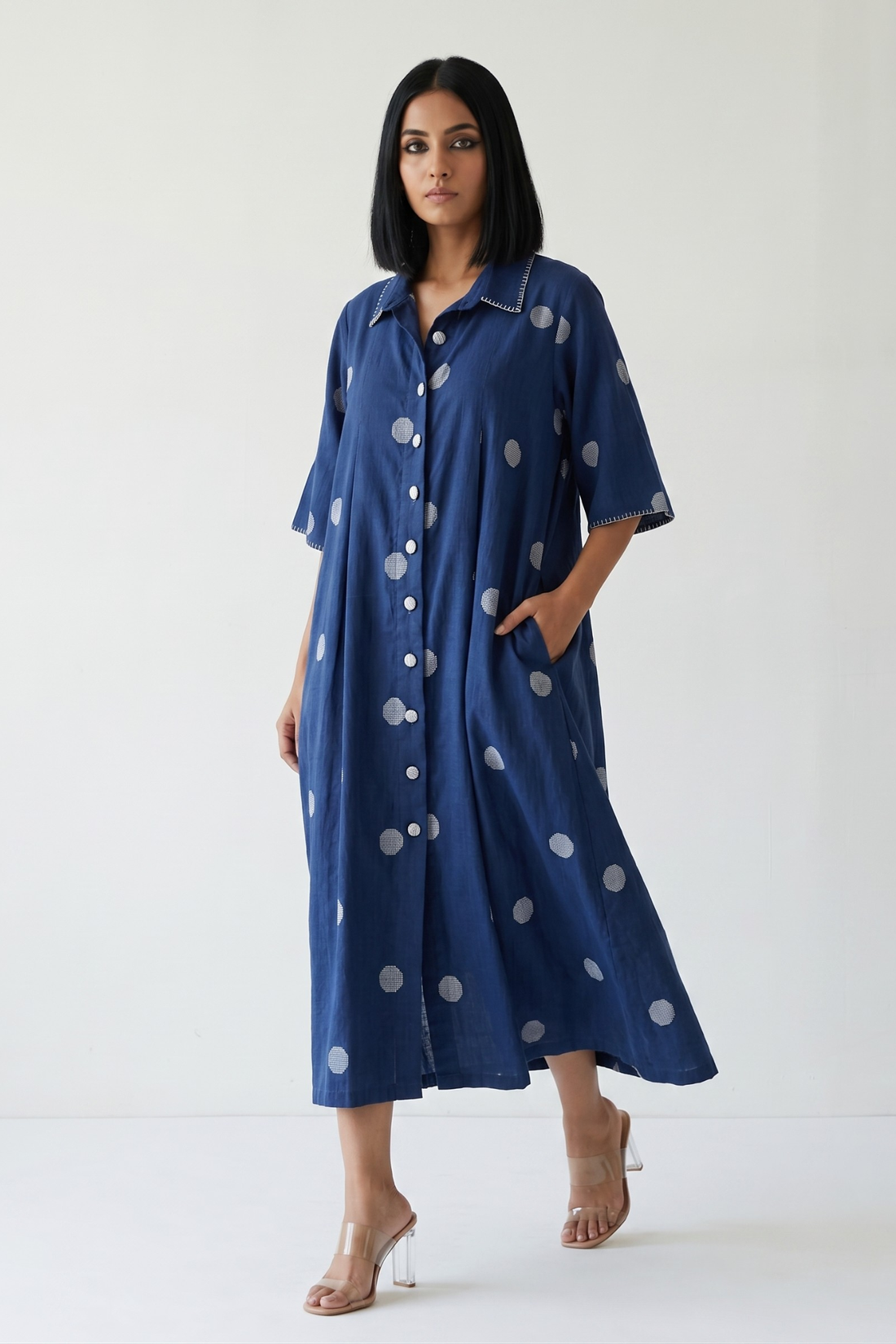 Indigo Blue white polka box pleat button shirt dress. 