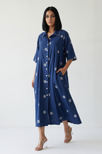 Indigo Blue white polka box pleat button shirt dress. 
