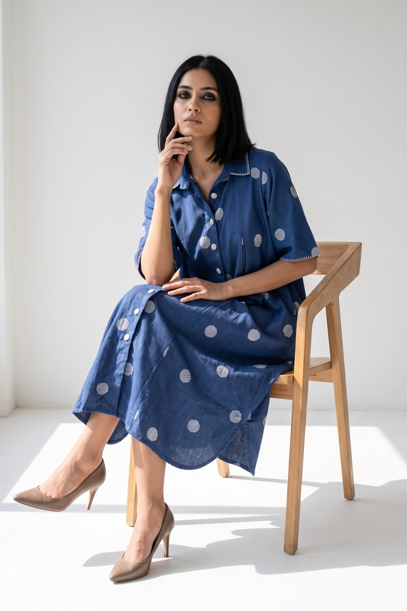 Indigo Blue white polka box pleat button shirt dress. 