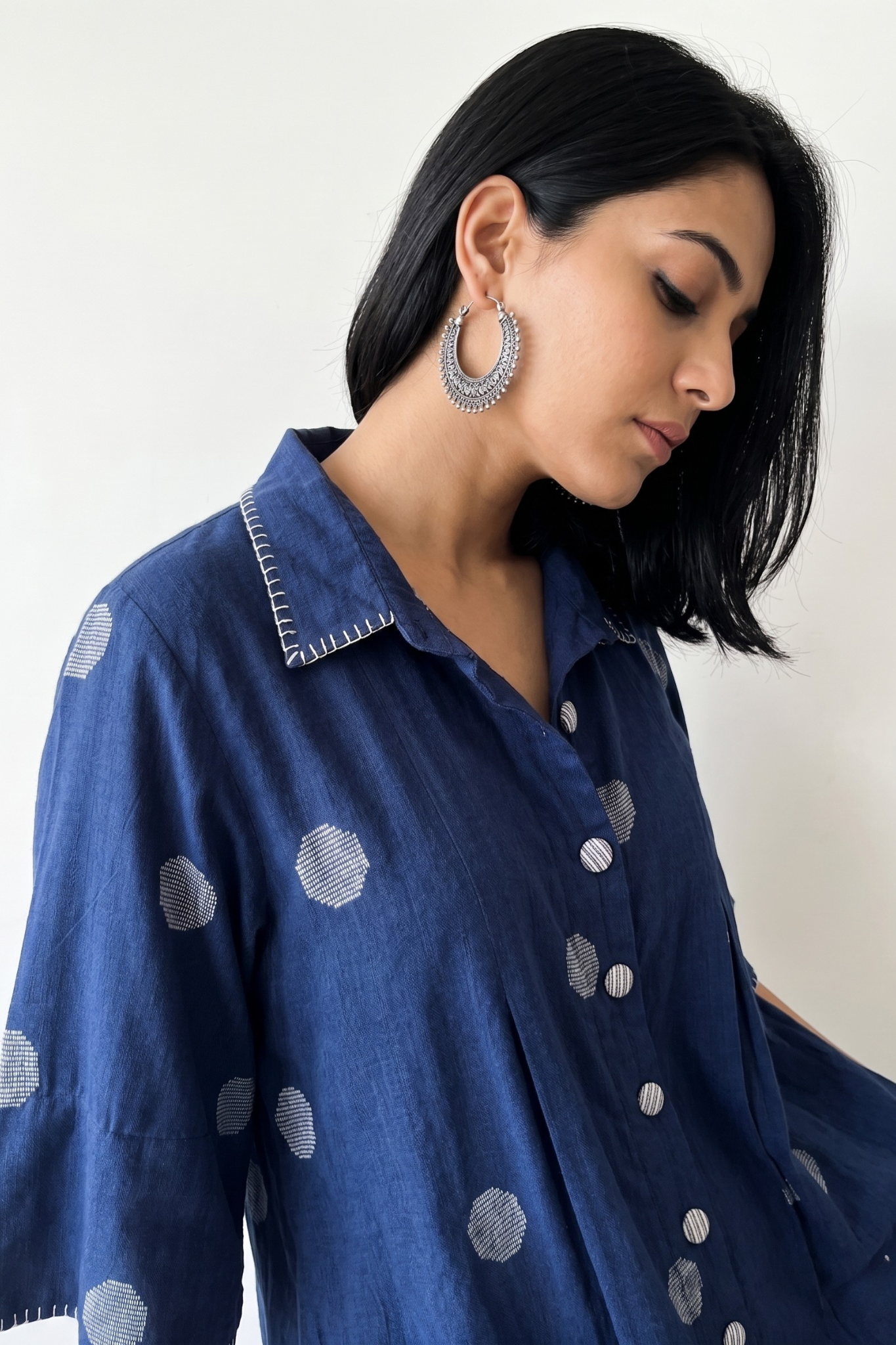 Indigo Blue white polka box pleat button shirt dress. 