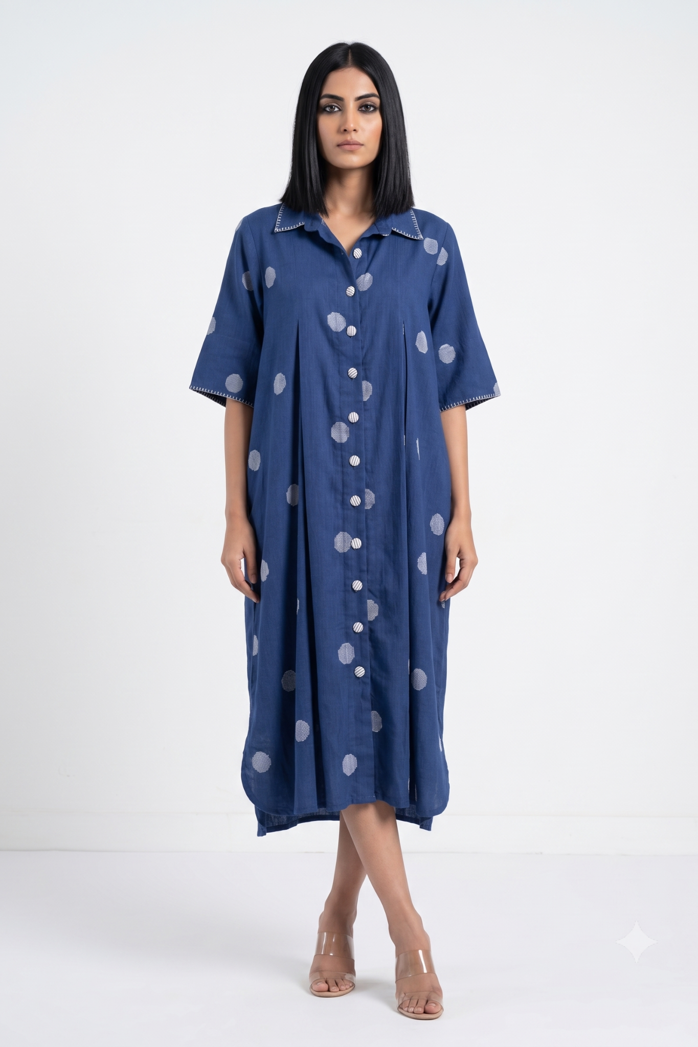 Indigo Blue white polka box pleat button shirt dress. 