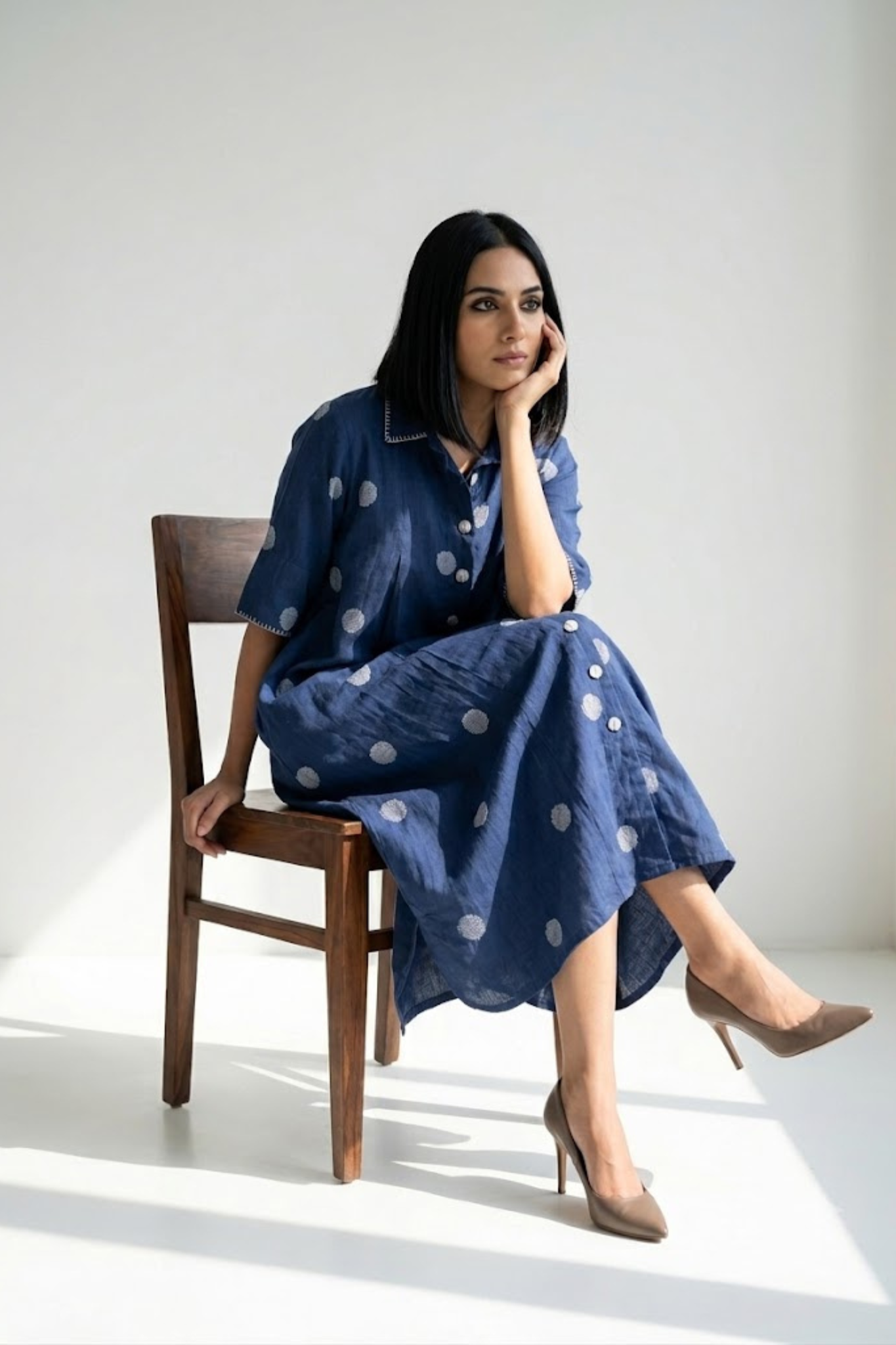 Indigo Blue white polka box pleat button shirt dress. 