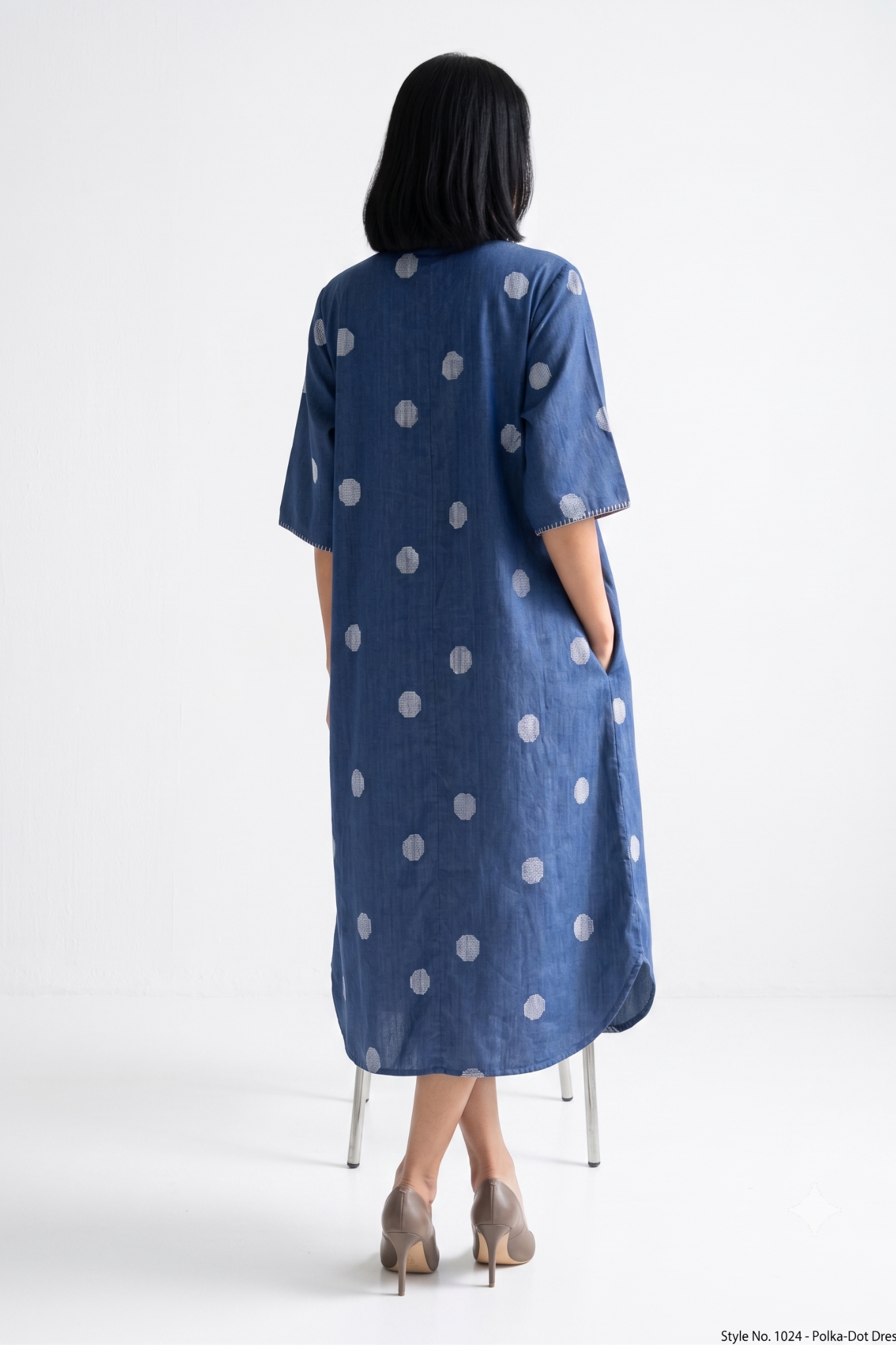 Indigo Blue white polka box pleat button shirt dress. 