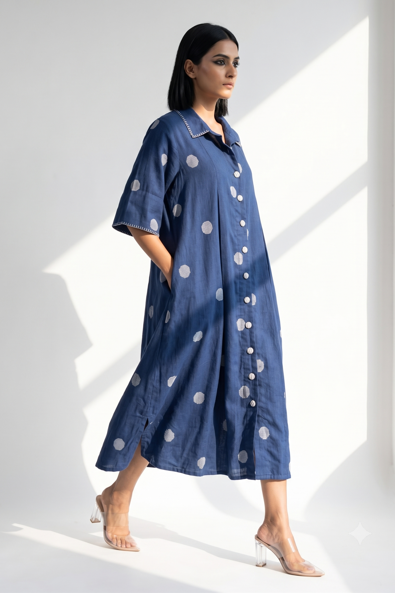 Indigo Blue white polka box pleat button shirt dress. 