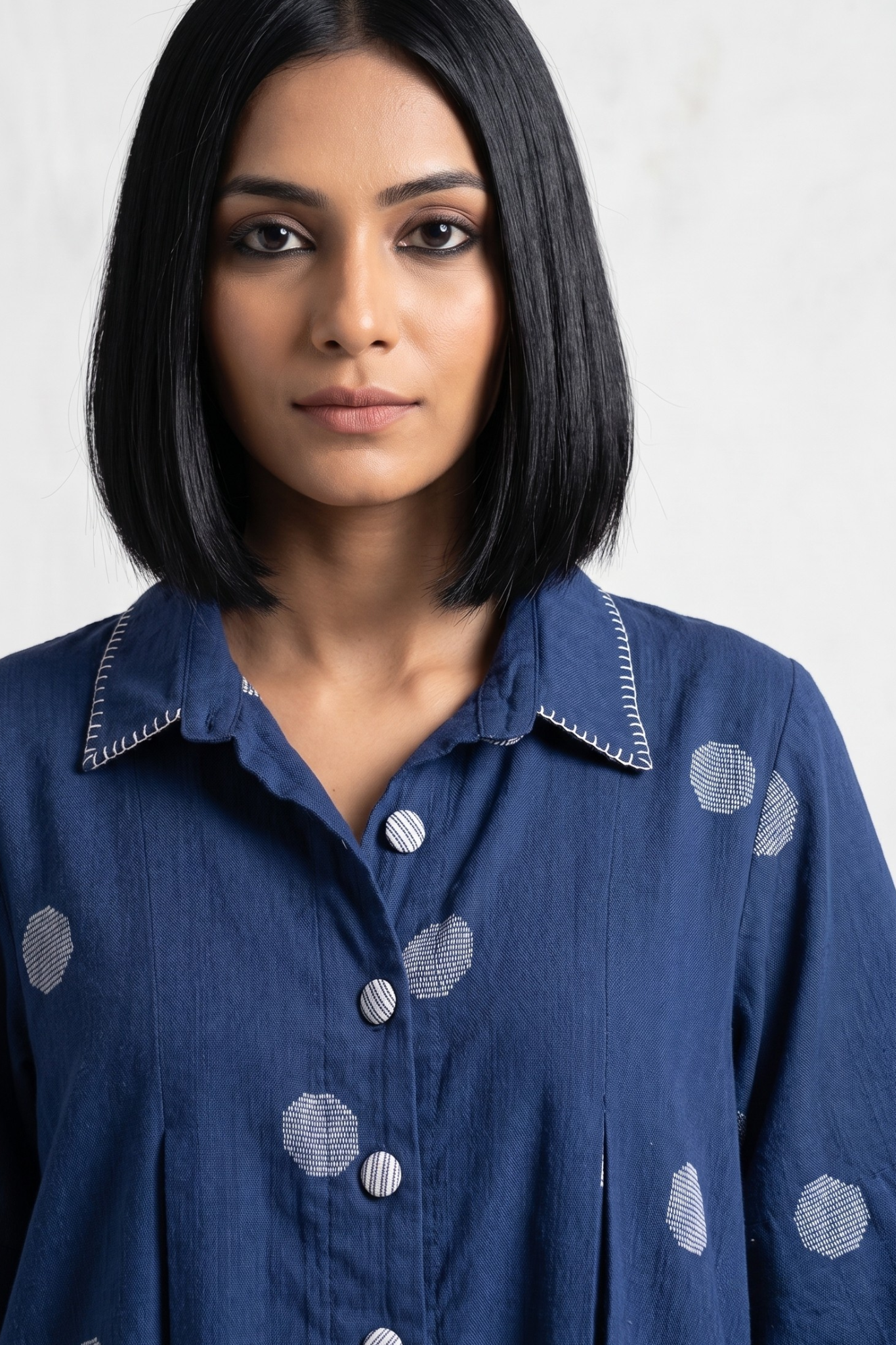 Indigo Blue white polka box pleat button shirt dress. 