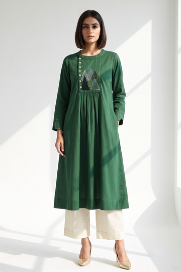 Jungle Jade Cotton Zen Yoke Gather Kurta