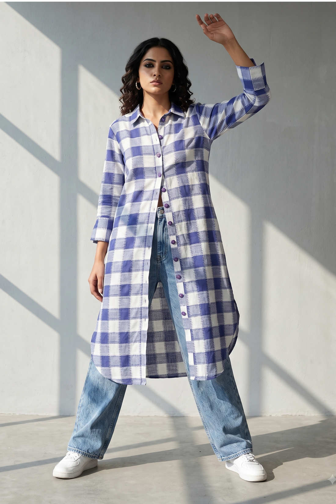 Lavender_Grid_Long_Cotton_Shirt_Dress