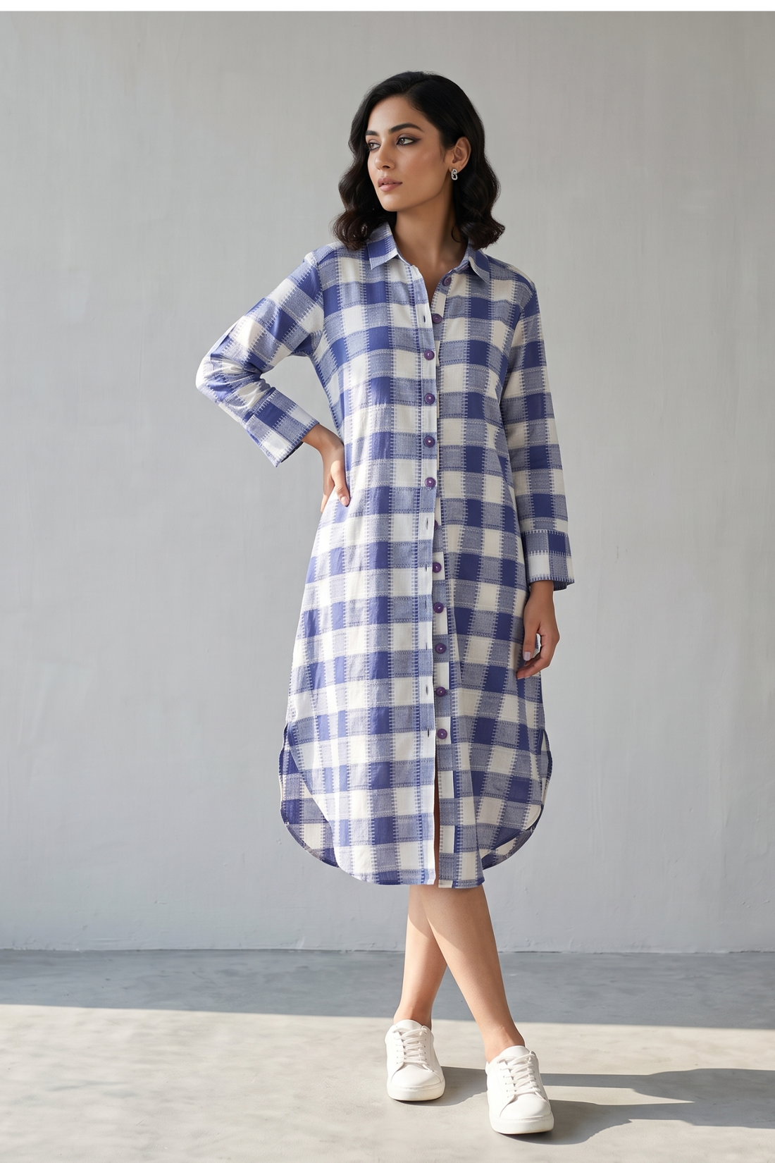 Lavender_Grid_Long_Cotton_Shirt_Dress
