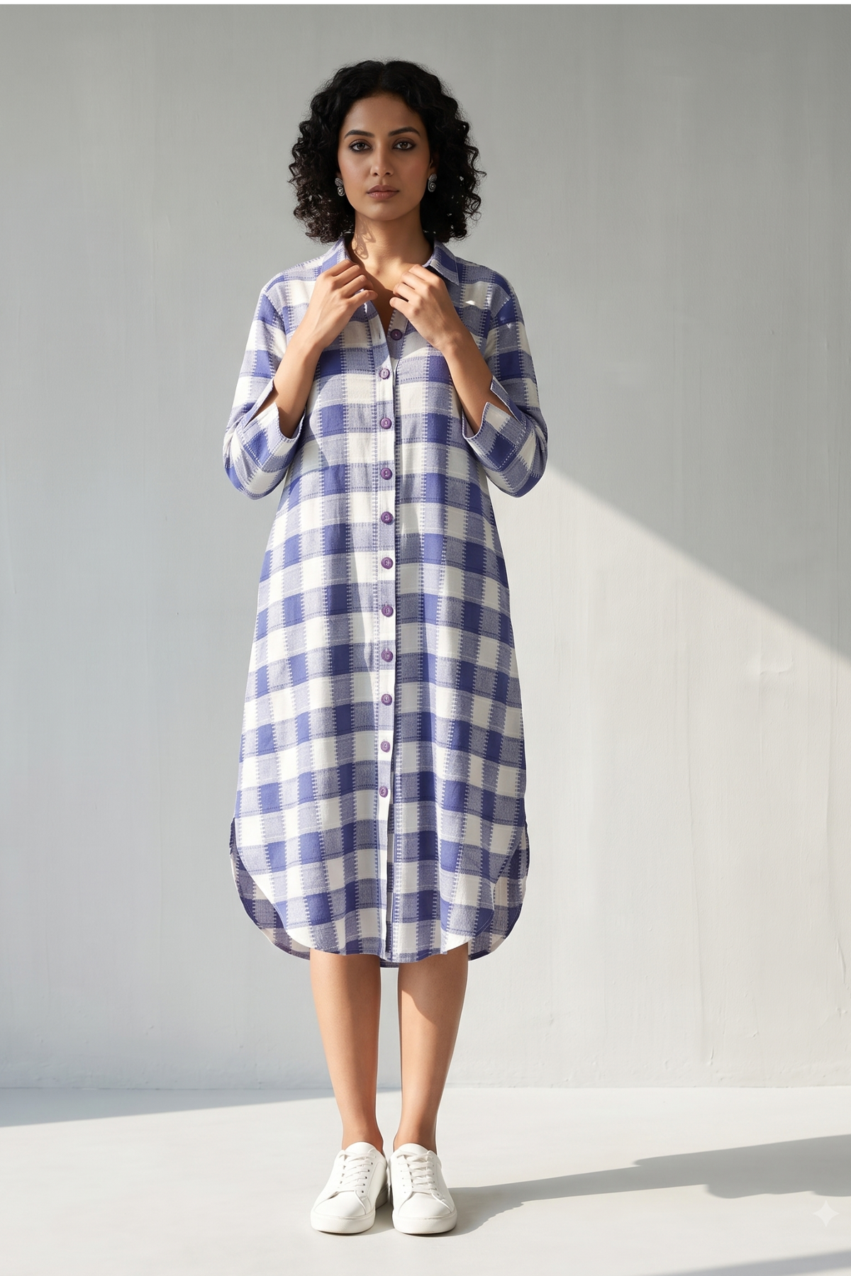 Lavender_Grid_Long_Cotton_Shirt_Dress