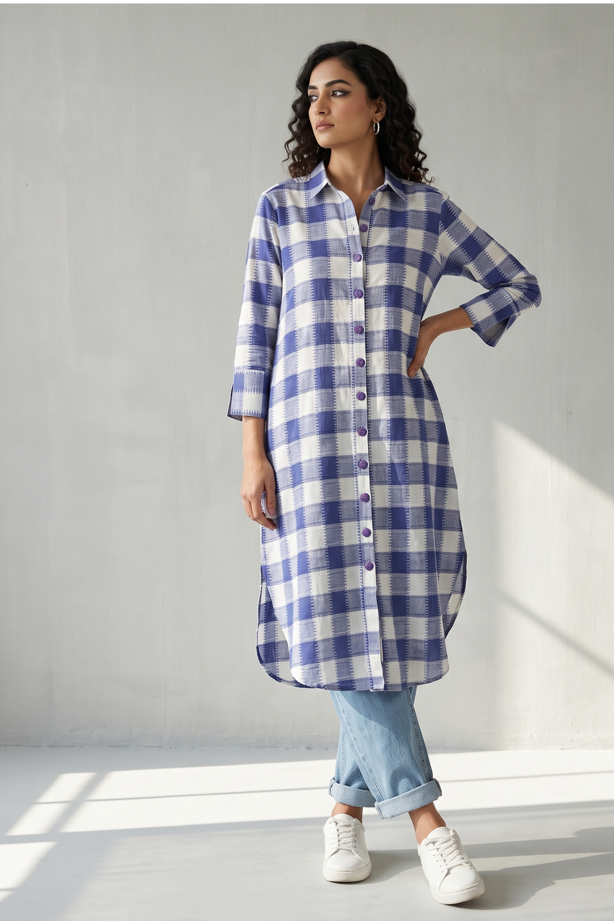 Lavender_Grid_Long_Cotton_Shirt_Dress