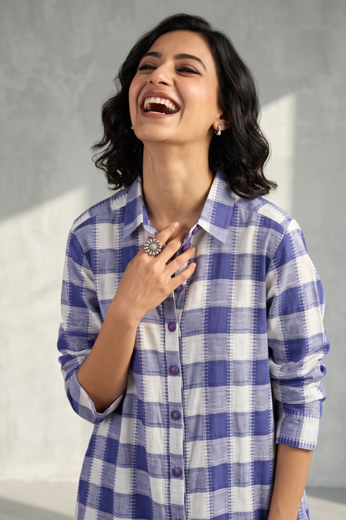 Lavender_Grid_Long_Cotton_Shirt_Dress