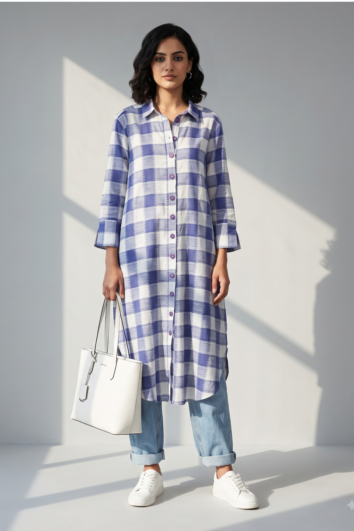 Lavender_Grid_Long_Cotton_Shirt_Dress