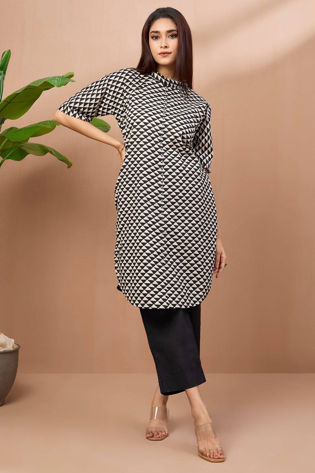 Kurta Cowl Collar In Black White Mono Print And Pockets  by Maati Crafts