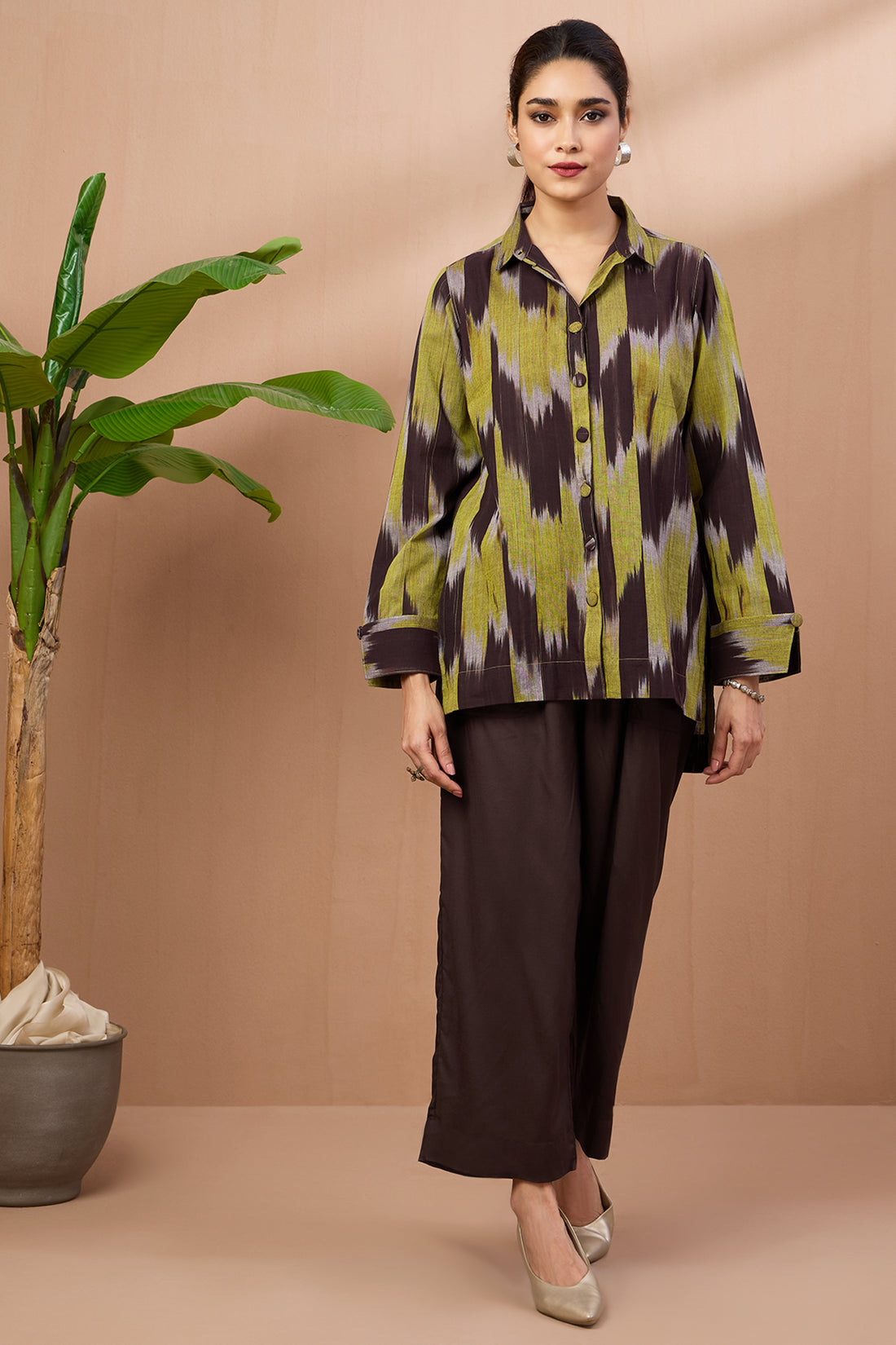 Coord Set Cinnamon & Gold High Low Hem Cotton Shirt and Pants