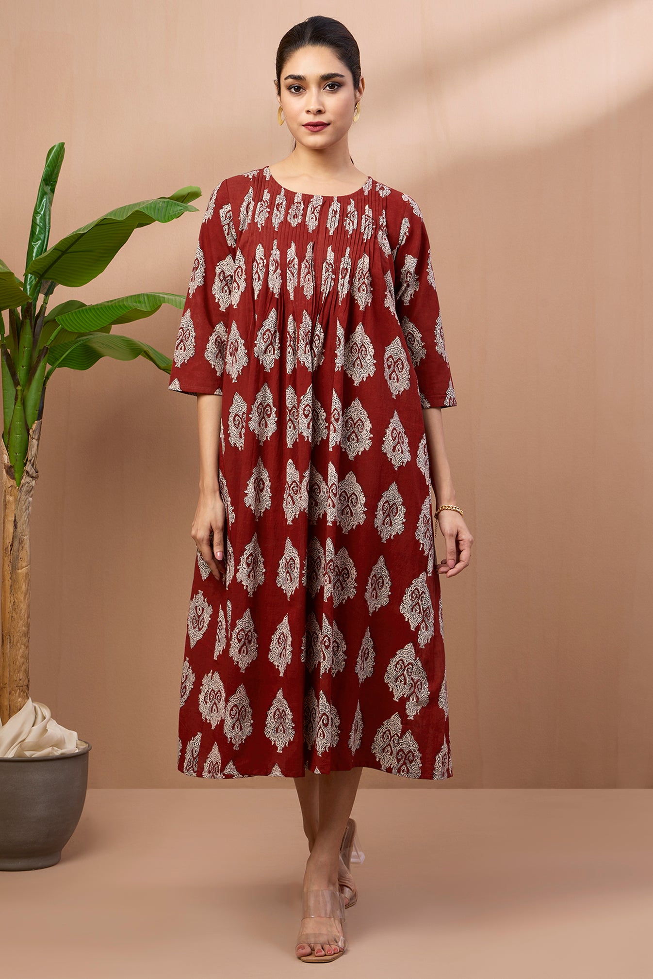 Terracotta Charm Cotton Buti Infinity Pintuck Dress