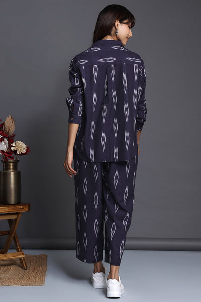 Deep viiolet  with white motifs ikat fabric shirt with buttons and collar and full sleeves with deep violat ikat pants