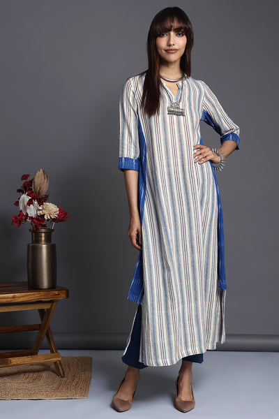 White indigo light red stripes in kala cotton handloom long kurta with a side panel in asymmetric cut in blue ikat