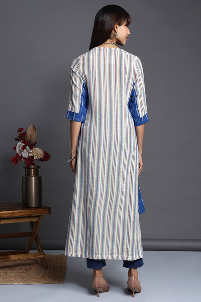 White indigo light red stripes in kala cotton handloom long kurta with a side panel in asymmetric cut in blue ikat