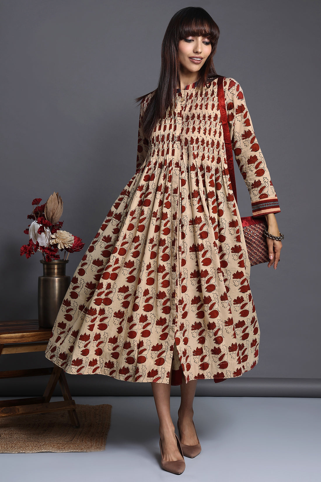 infinity pintuck dress - scarlet lotuses & ivory canvas