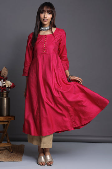 Vibrant Indian Pink silk viscose anarkali with golden buttons and Pockets 