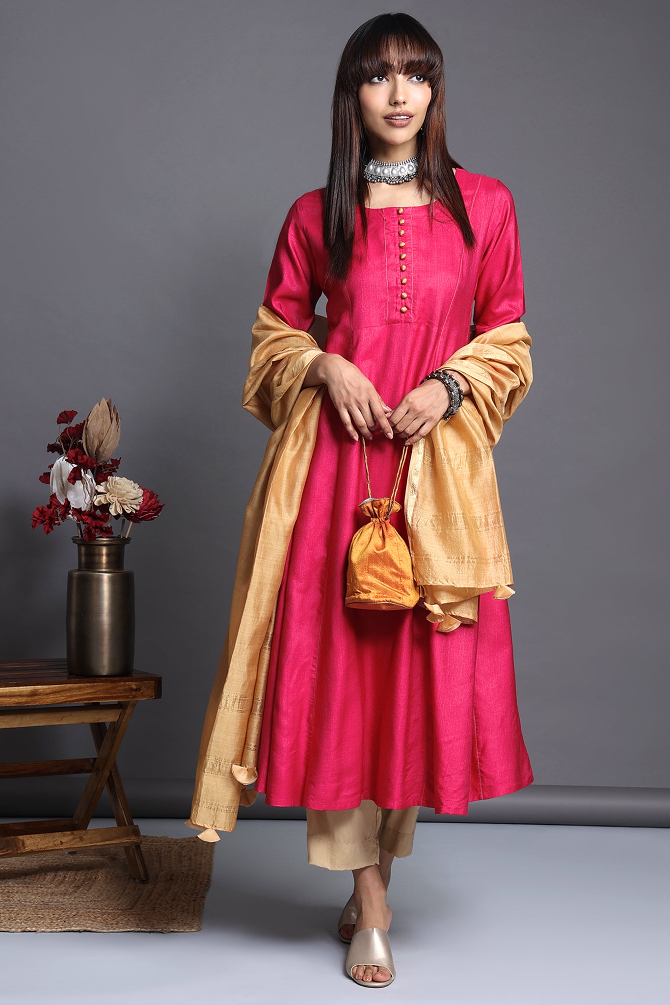 Vibrant Indian Pink silk viscose anarkali with golden buttons and Pockets  with golden maheshwari dupatta.