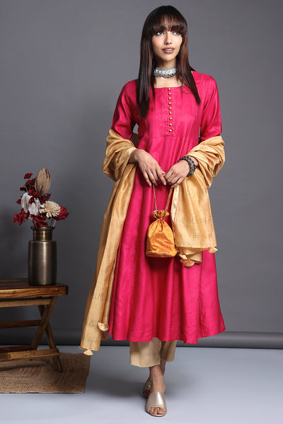Vibrant Indian Pink silk viscose anarkali with golden buttons and Pockets  with golden maheshwari dupatta.