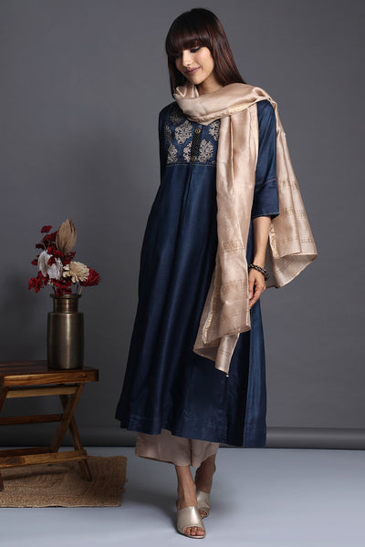a-line dark blue viscose silk kalidaar kurta  with silk ajrakh indigo black modal printed yoke and pockets and beige chanderi dupatta