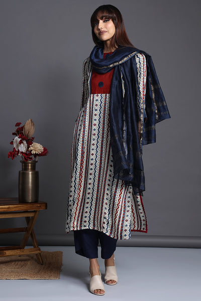long silk modal kurta with slit - lattice splendour & crimson polka