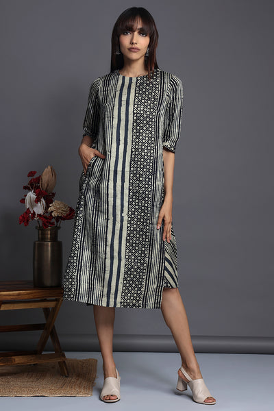 Black white dots and stripes satin batik asymmetric knee length shift dress  with pockets