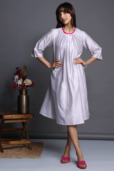 crew neck silk pleated dress - moon whispers & silver blush