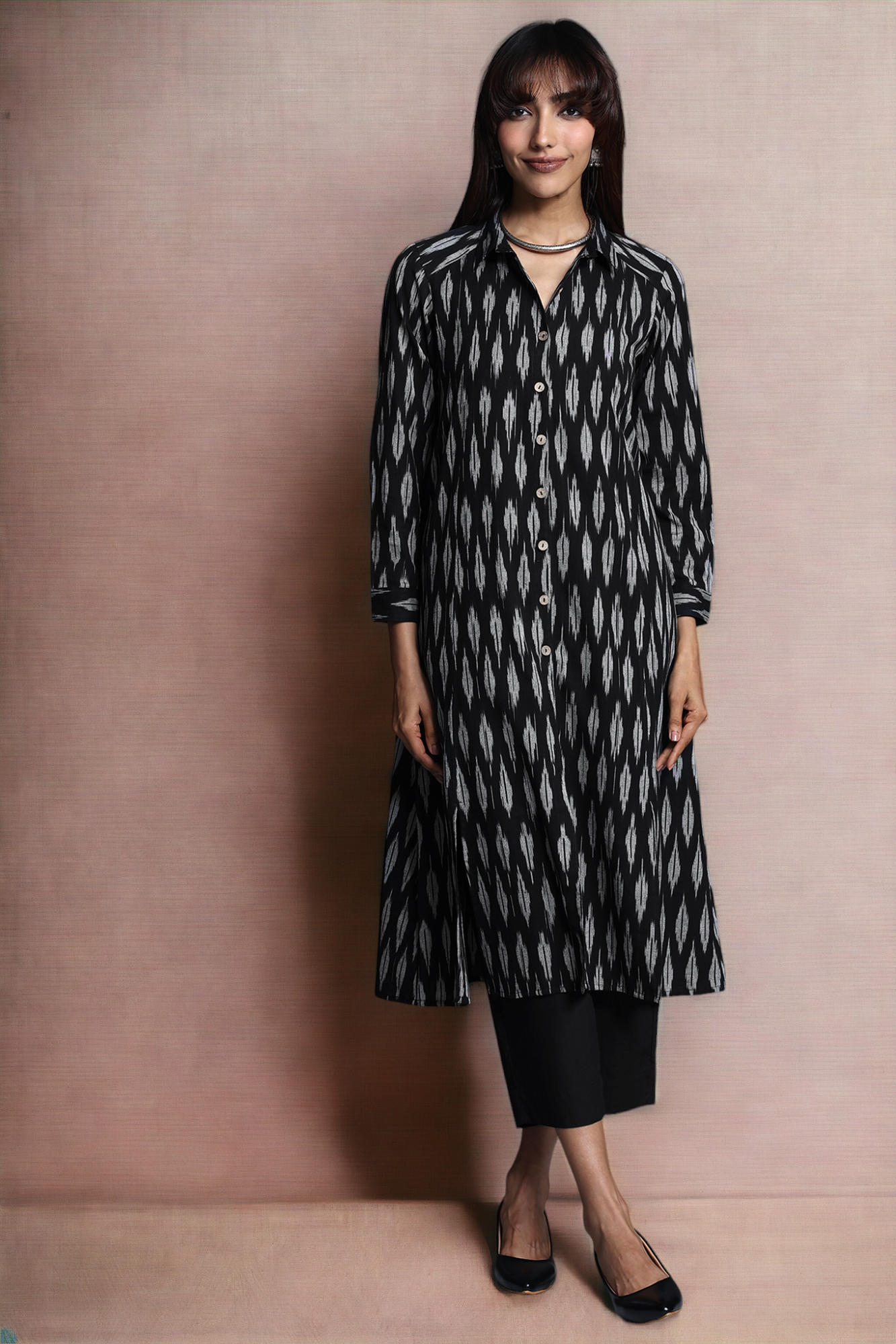 long shirt dress with front buttons - obsidian silver & constellations