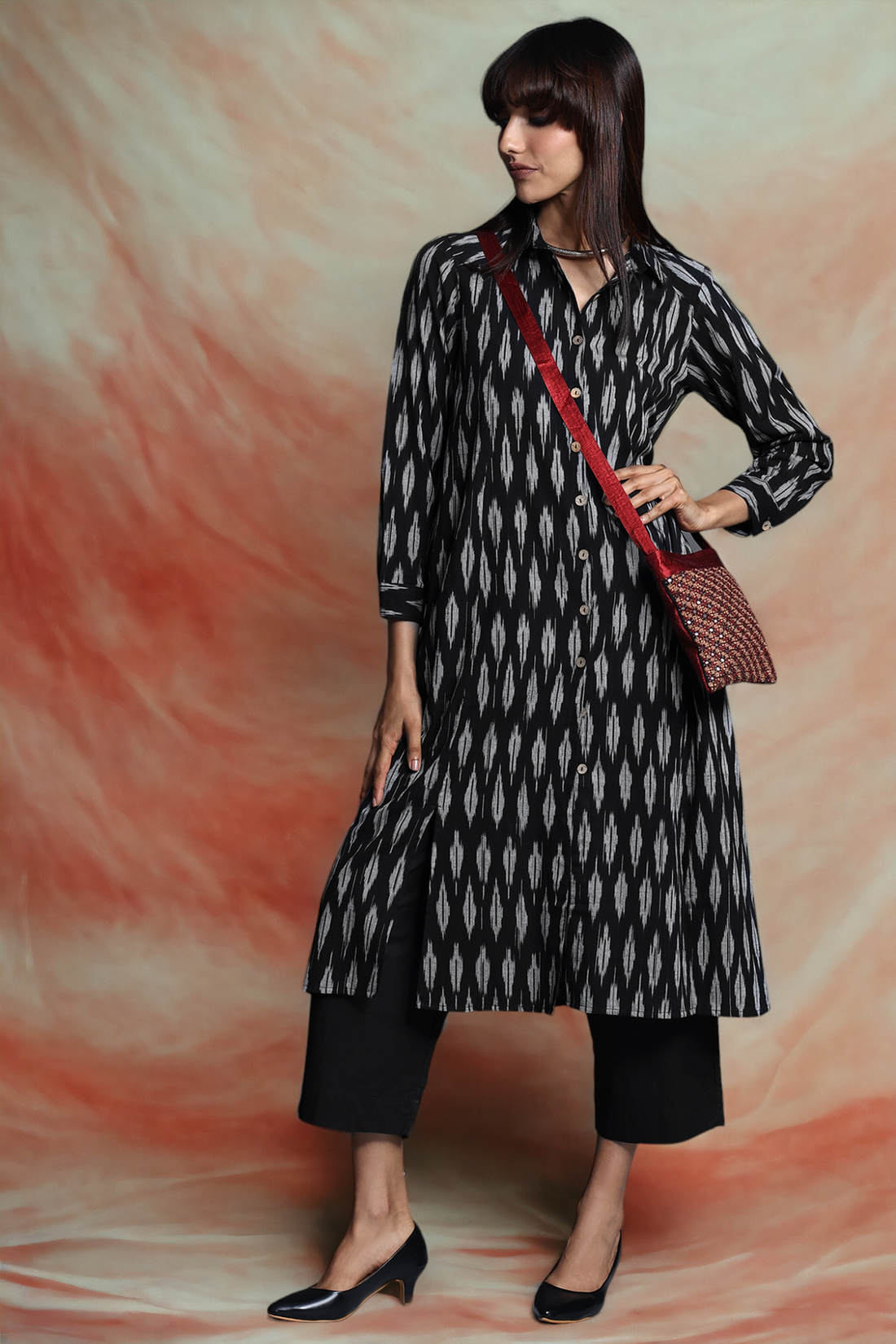 long shirt dress with front buttons - obsidian silver & constellations