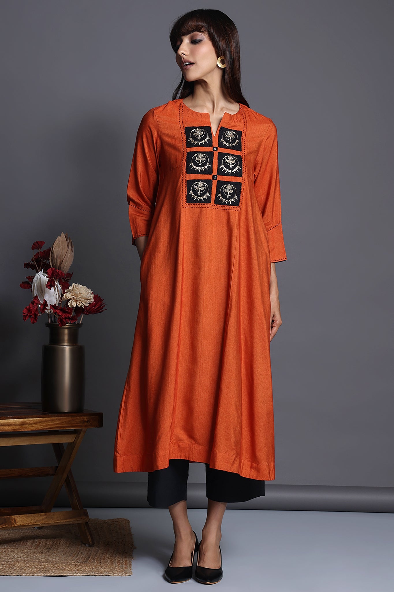 Orange Silk Kalidar Kurta with black golden applique patchwork yoke with black golden maheshwari dupatta
