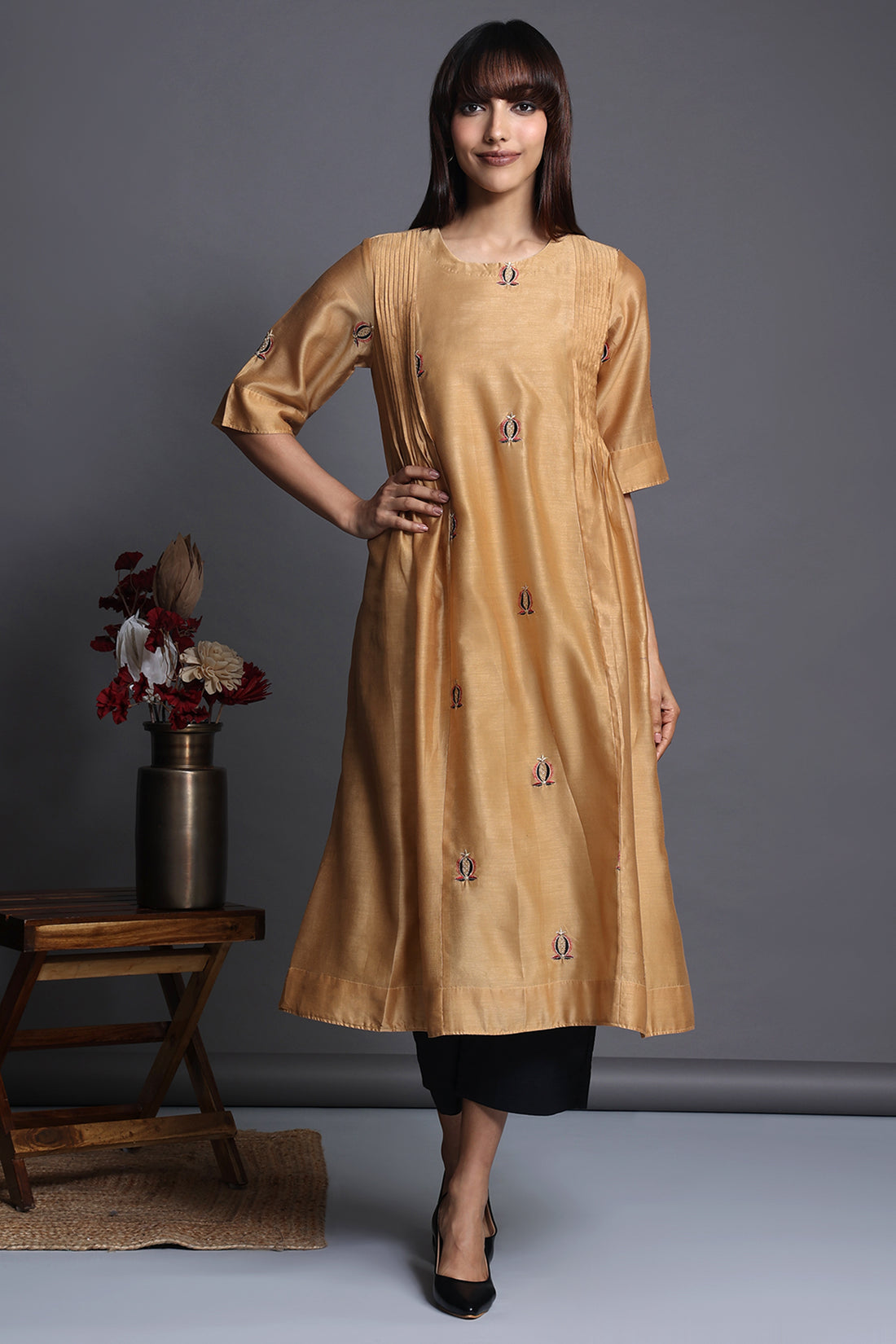 pintuck a-line chanderi kurta - gold & embroidery with pockets 
