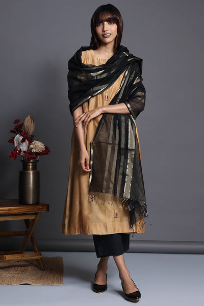 pintuck a-line chanderi kurta - gold & embroidery with pockets  and black maheshwari dupatta