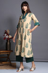 v-neck kurta with side slit - verdant beige & mughal greenspaces