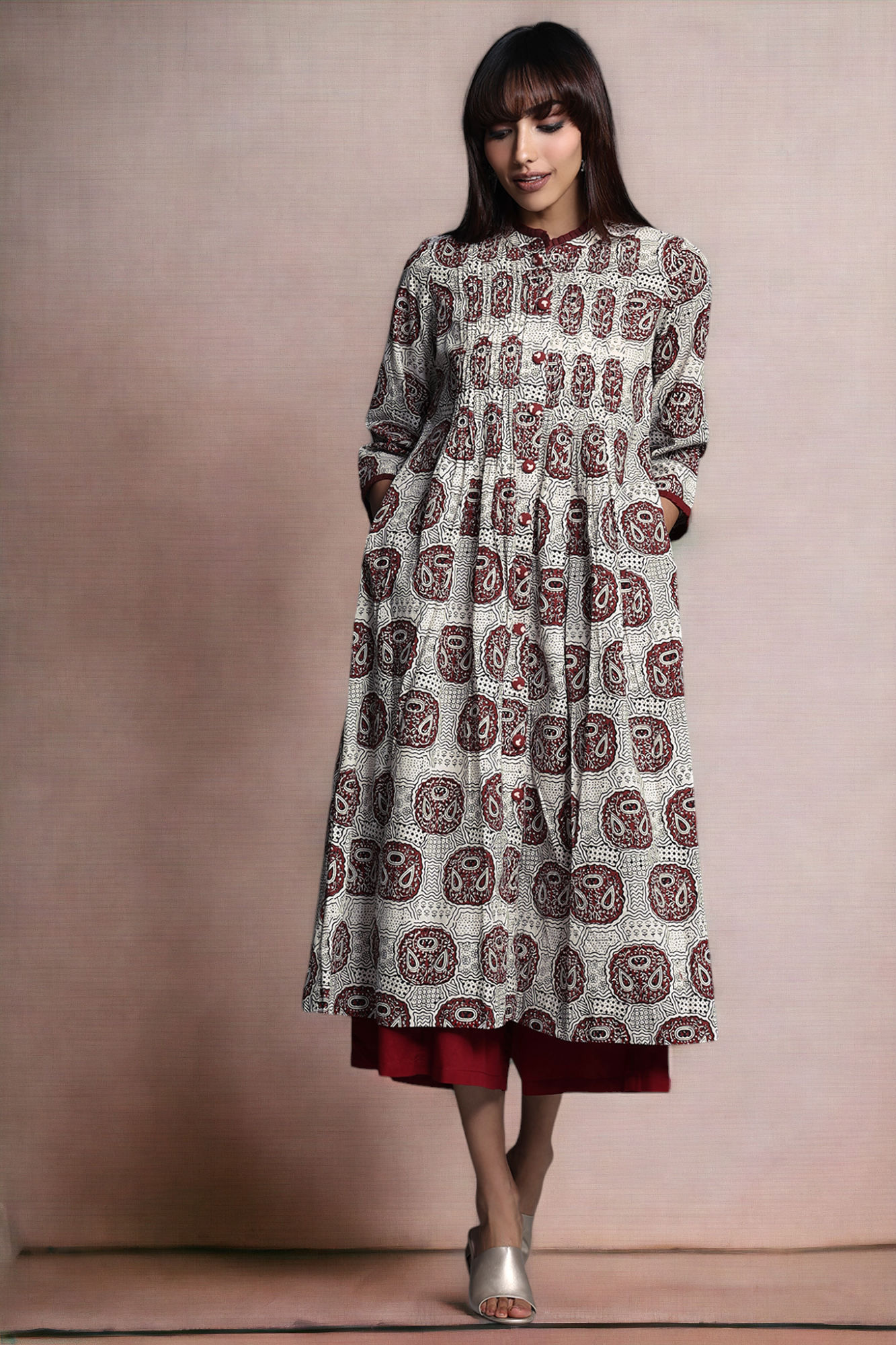pleated neckline pintuck dress with pockets - monochrome canvas & crimson radiance