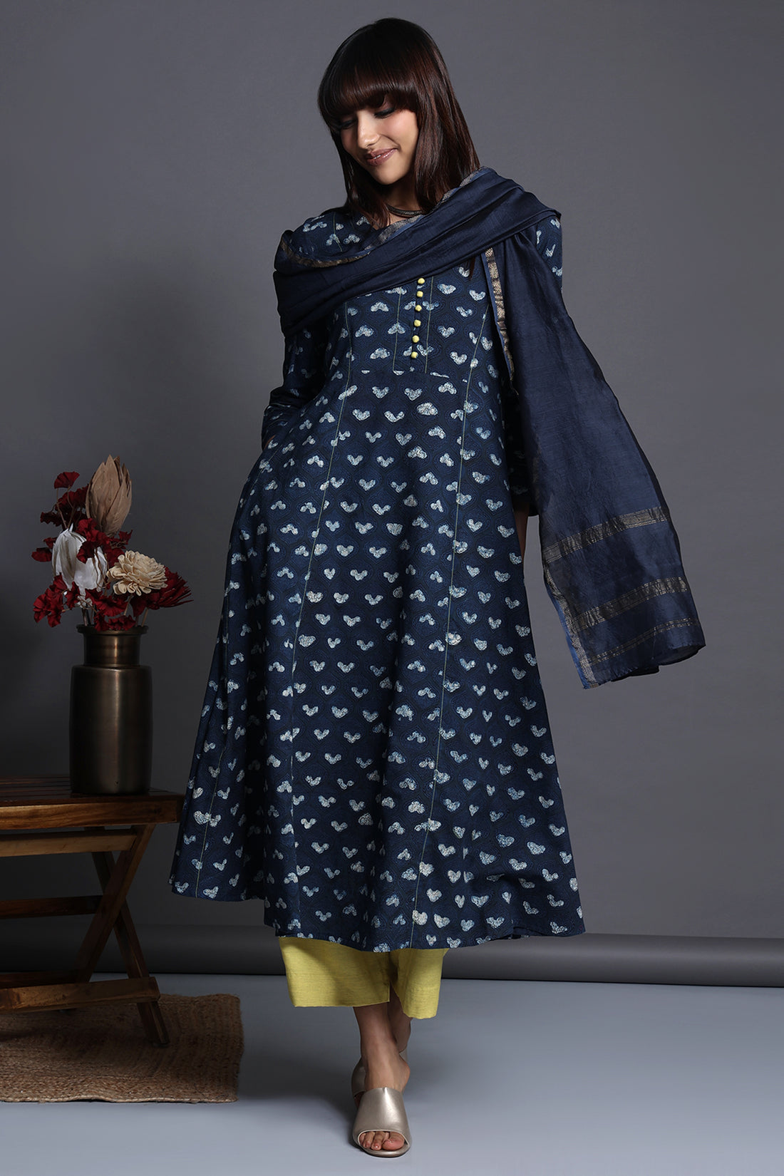 panel anarkali with pockets - azure wings & lime butterflies