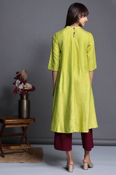 Midi length Lime silk viscose green crew neck with pink embroidery