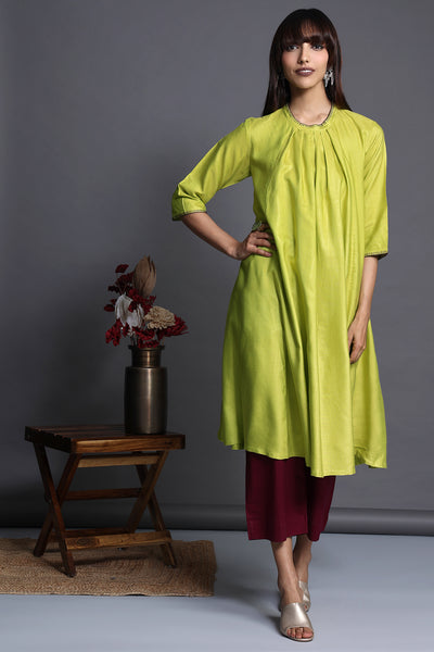 Midi length Lime silk viscose green crew neck with pink embroidery