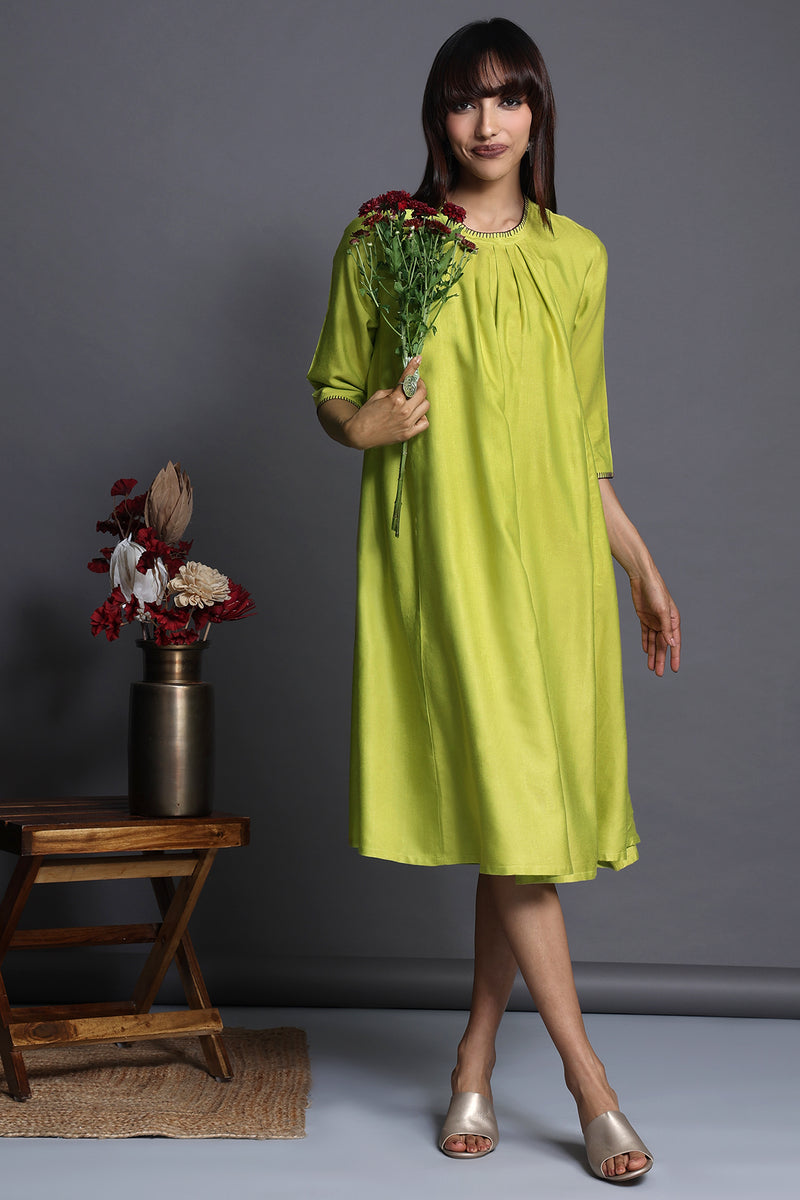 Midi length Lime silk viscose green crew neck with pink embroidery 