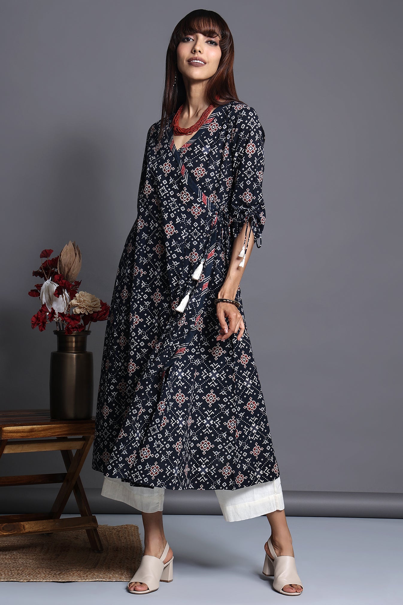 tie-up angrakha kurta - opulent maroon & gilded blooms