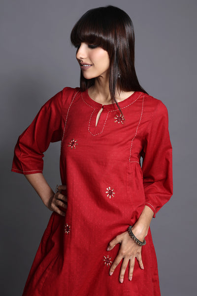 side gather a-line kurta - sundrenched crimson & gold accents